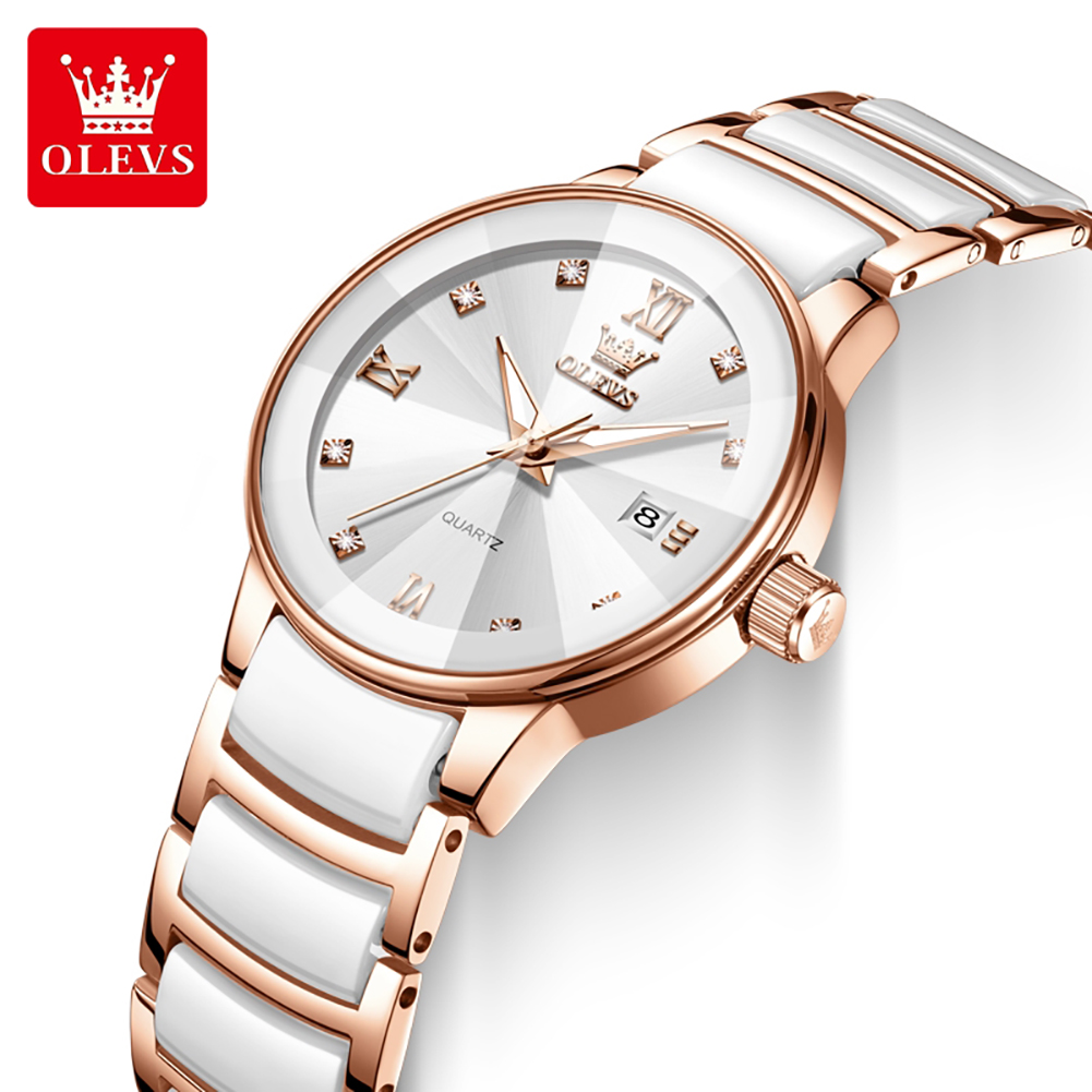 Luxury Ceramic Watch - นาฬิกาข้อมือผู้หญิง OLEVS 7114 เซรามิกสีโรสโกลด์ สายสแตนเลส กันน้ำ