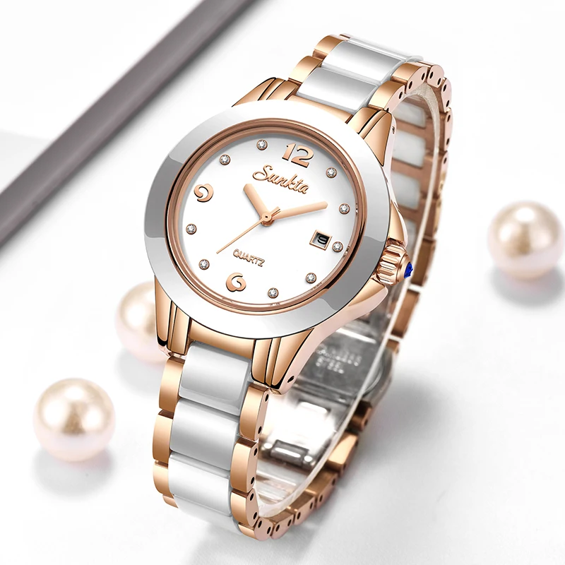 Luxury Ceramic Watch - ซุนก้าต้าแฟชั่นนาฬิกาควอทซ์ผู้หญิงลำลองหรูหราเซรามิคเพชรปฏิทินกันน้ำสุภาพสตรีนาฬิกาผู้หญิงมงเตร เฟมม์