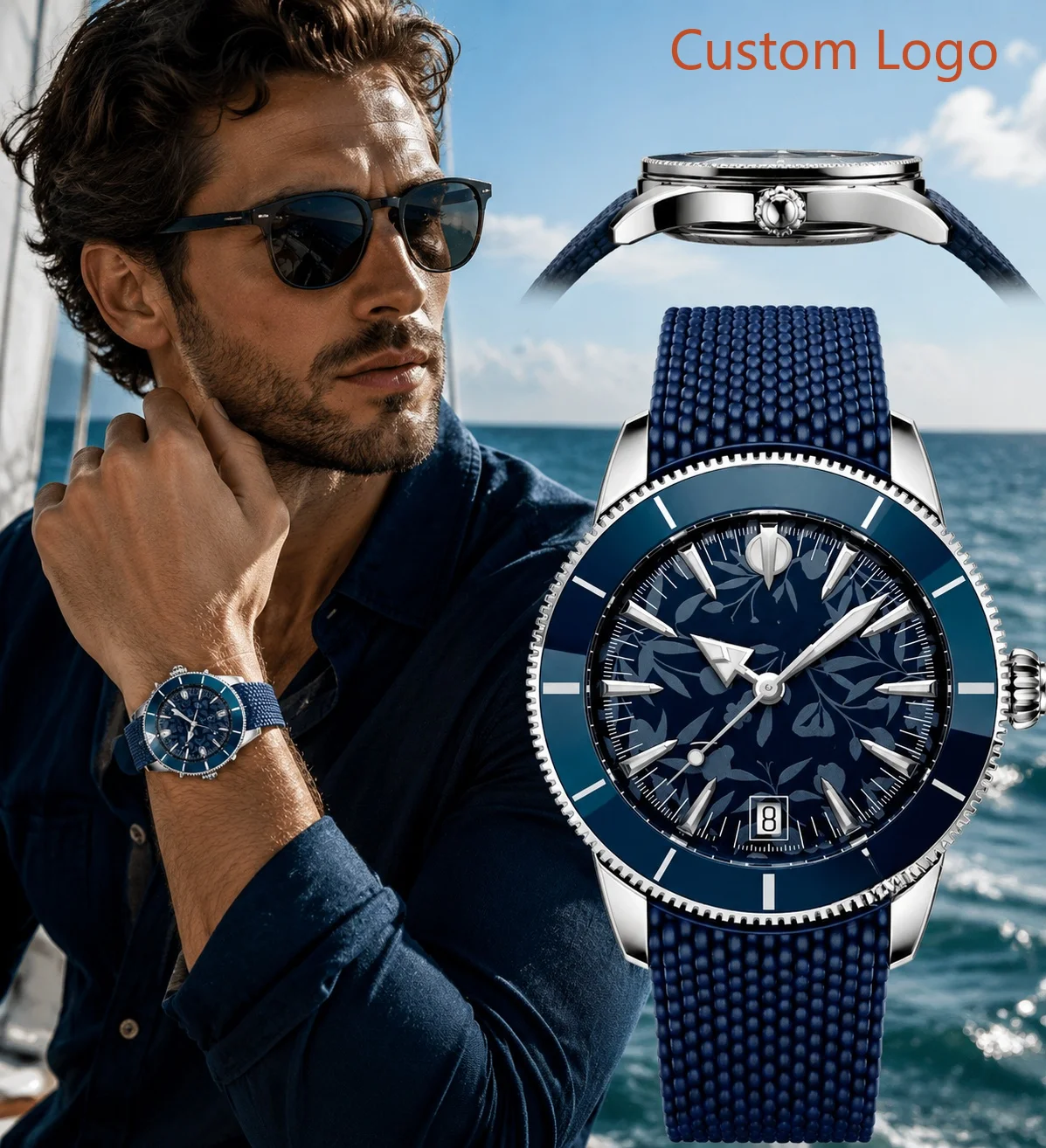 Luxury Ceramic Watch - นาฬิกาดำน้ำอัตโนมัติสำหรับผู้ชาย ขนาด 46 มม. ขอบเซรามิกสีน้ำเงินหมุนได้ หน้าปัดลายดอกไม้สุดพิเศษ